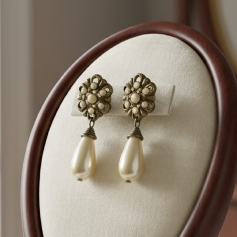 Vintage Cream and Silver Drop Earrings